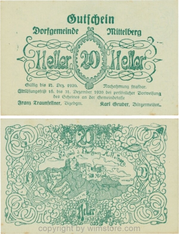 Mittelberg, G0616c, 20 Heller, Druck grün, Papier weiss; 1-, ggf. Stockflecke