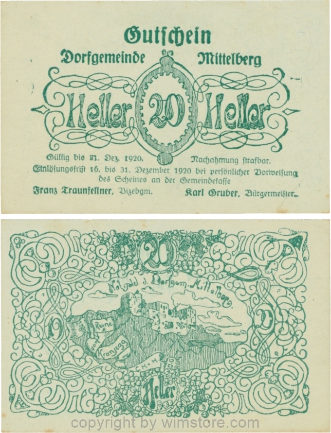 Mittelberg, G0616c, 20 Heller, Druck grün, Papier weiss; 1-, ggf. Stockflecke