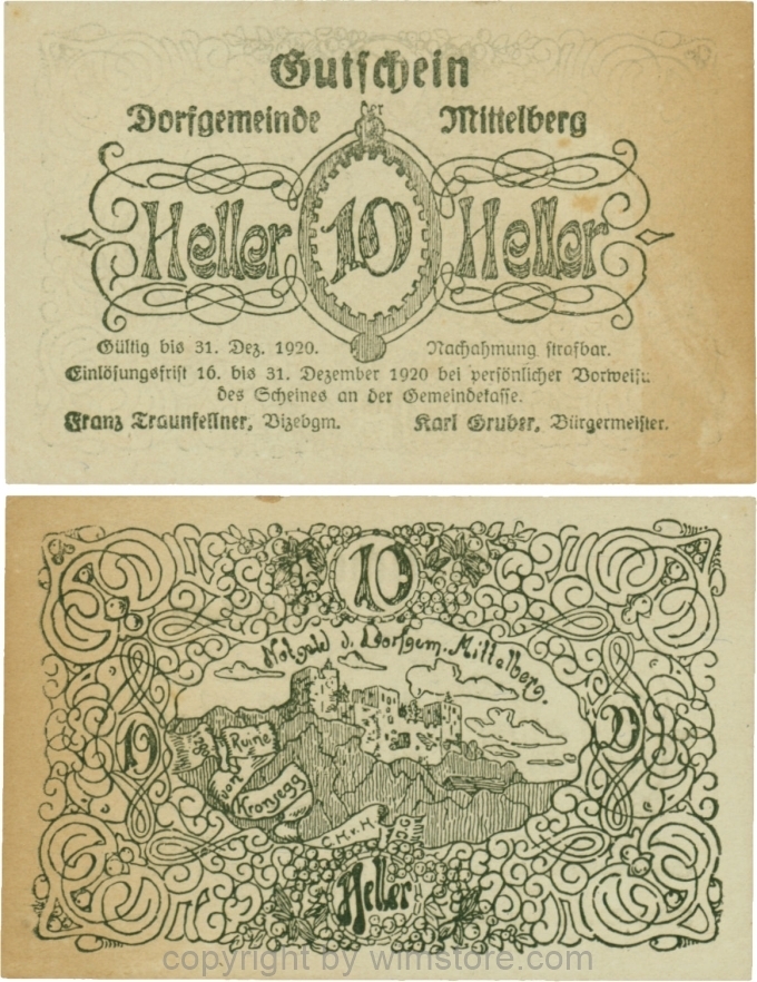 Mittelberg, G0616d, 10 Heller, Druck schwarz, Papier gelblich; 1-, ggf. vergilbt bzw. Stockflecke
