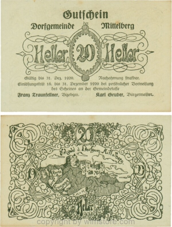 Mittelberg, G0616e, 20 Heller, Druck schwarz, Papier weiss; 1-, ggf. Stockflecke