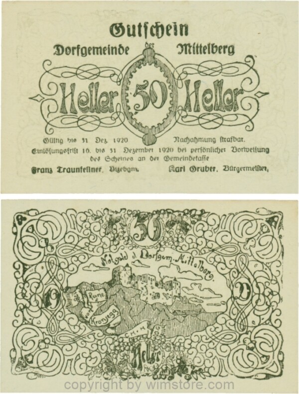 Mittelberg, G0616e, 50 Heller, Druck schwarz, Papier weiss; 1-, ggf. Stockflecke