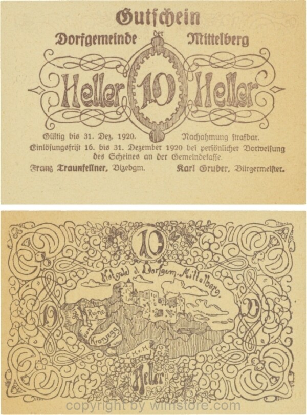 Mittelberg, G0616f, 10 Heller, Druck violett, Papier gelblich; 1-, ggf. Stockflecke