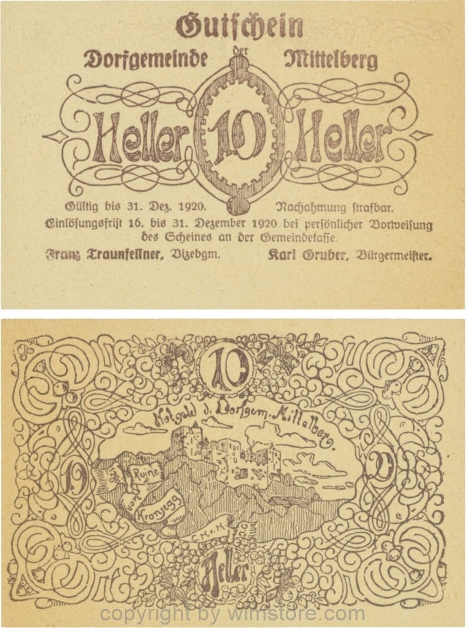 Mittelberg, G0616f, 10 Heller, Druck violett, Papier gelblich; 1-, ggf. Stockflecke