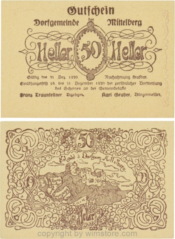 Mittelberg, G0616f, 50 Heller, Druck violett, Papier gelblich; 1-, ggf. Stockflecke