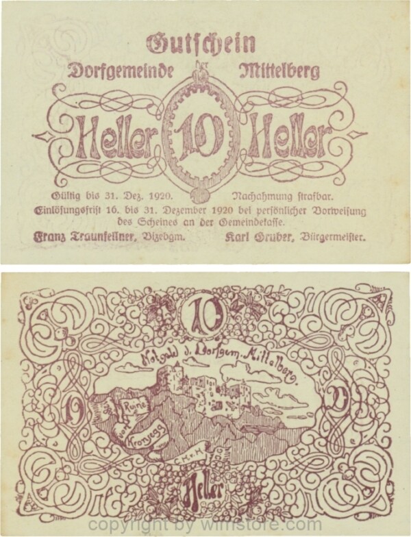 Mittelberg, G0616g, 10 Heller, Druck violett, Papier weiss; 1-, ggf. Stockflecke