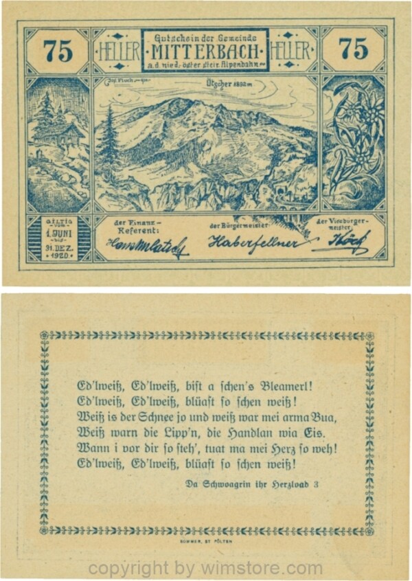 Mitterbach, G0618a, 75 Heller, blau, Variante 13, bei "steh´" ein Vierkant Apostroph, Rahmen normal; 1-