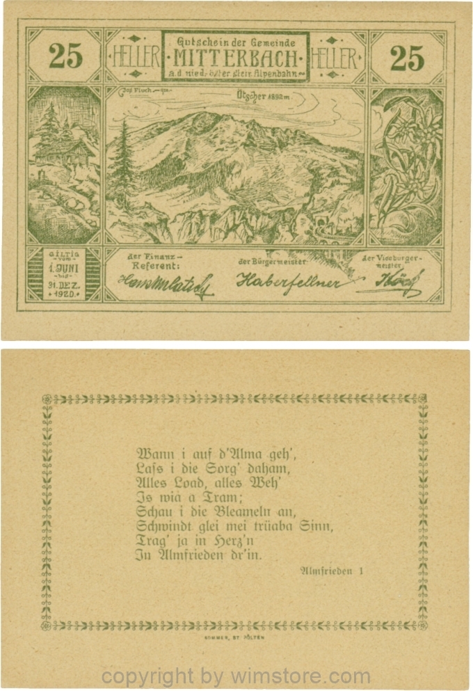Mitterbach, G0618c, 25 Heller, grün, Variante 34, "dr´in" statt "d´rin"; 1