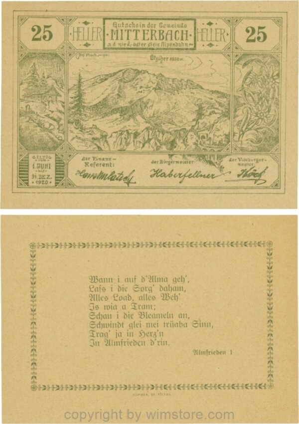Mitterbach, G0618c, 25 Heller, grün, Variante 36, normaler Apostroph nach "Trag´"; 1