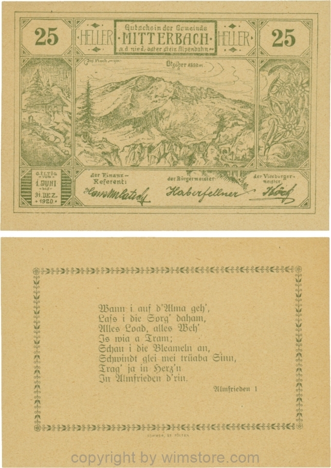 Mitterbach, G0618c, 25 Heller, grün, Variante 36, normaler Apostroph nach "Trag´"; 1