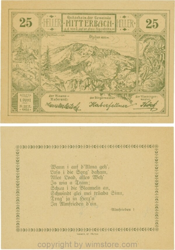 Mitterbach, G0618c, 25 Heller, grün, Variante 36, normaler Apostroph nach "Trag´"; 1-
