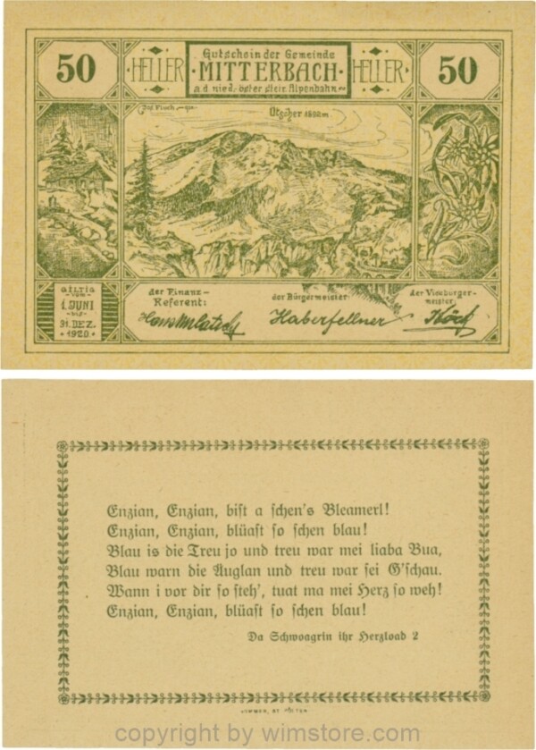 Mitterbach, G0618c, 50 Heller, grün, Variante 38, Vierkant Apostroph bei "schen´s"; 1-