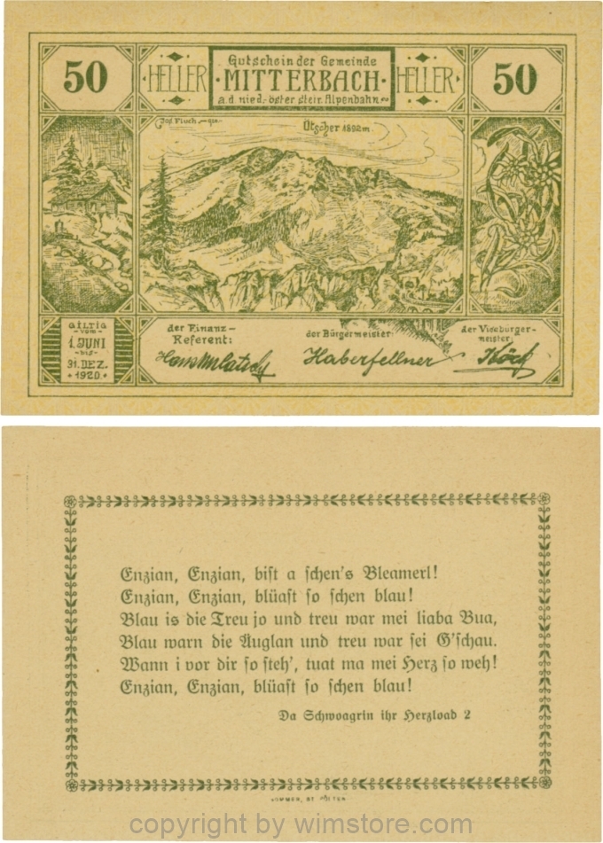 Mitterbach, G0618c, 50 Heller, grün, Variante 38, Vierkant Apostroph bei "schen´s"; 1-