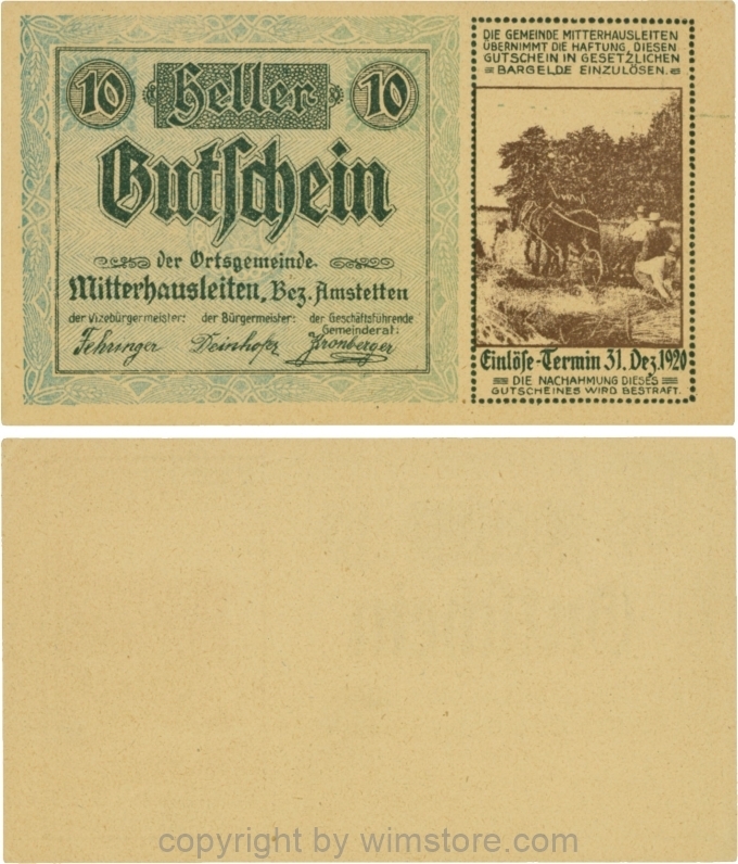 Mitterhausleiten, G0620a, 10 Heller, Unterdruck blau-grün, Bild braun; 1-