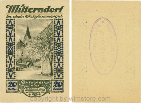 Mitterndorf, G0621IIfa, 20 Heller, Wertzahl blau, ovaler Gemeindestempel mit 3 Zeilen; 1