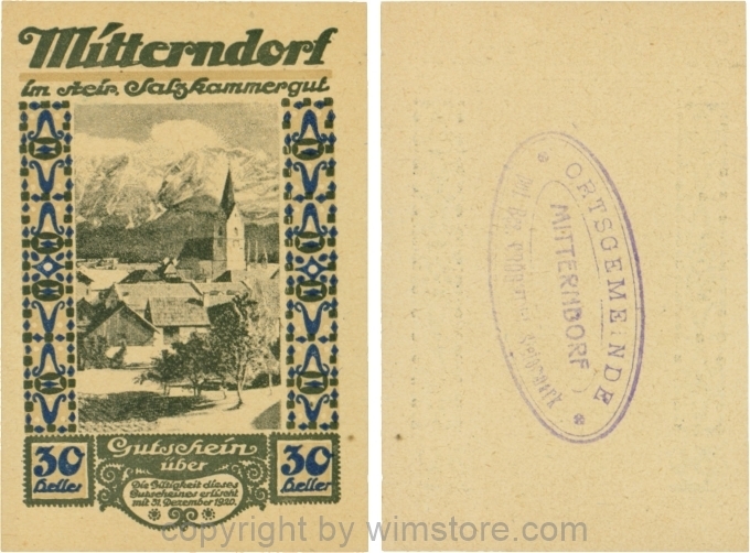 Mitterndorf, G0621IIfa, 30 Heller, Wertzahl blau, ovaler Gemeindestempel mit 3 Zeilen; 1