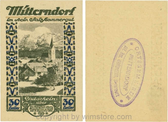 Mitterndorf, G0621IIfa, 30 Heller, Wertzahl blau, ovaler Gemeindestempel mit 3 Zeilenl; 1-