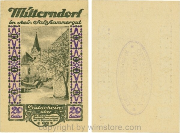 Mitterndorf, G0621IIfb, 20 Heller, Wertzahl violett, ovaler Gemeindestempel mit 3 Zeilen; 1