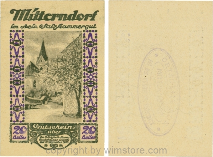 Mitterndorf, G0621IIfb, 20 Heller, Wertzahl violett, ovaler Gemeindestempel mit 3 Zeilen; 1