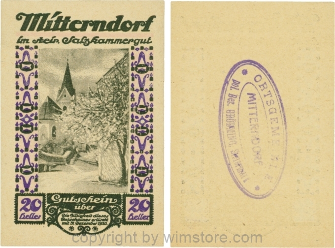 Mitterndorf, G0621IIfb, 20 Heller, Wertzahl violett, ovaler Gemeindestempel mit 3 Zeilen; 1-