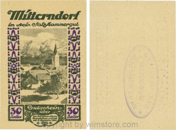 Mitterndorf, G0621IIfb, 30 Heller, Wertzahl violett, ovaler Gemeindestempel mit 3 Zeilen; 1