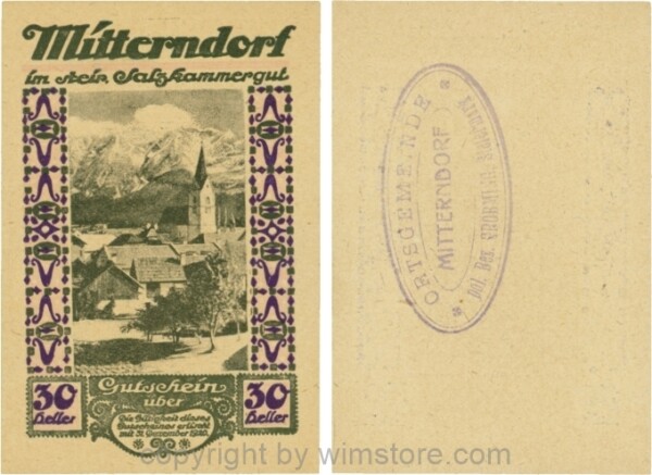 Mitterndorf, G0621IIfb, 30 Heller, Wertzahl violett, ovaler Gemeindestempel mit 3 Zeilenl; 1-