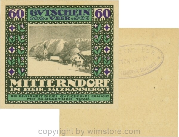 Mitterndorf, G0621IIfb, 60 Heller, Wertzahl violett, ovaler Gemeindestempel mit 3 Zeilen; 1