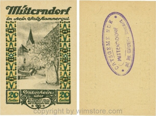 Mitterndorf, G0621IIfc, 20 Heller, Wertzahl grün, ovaler Gemeindestempel mit 3 Zeilen; 1