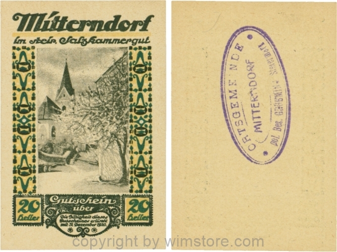 Mitterndorf, G0621IIfc, 20 Heller, Wertzahl grün, ovaler Gemeindestempel mit 3 Zeilen; 1
