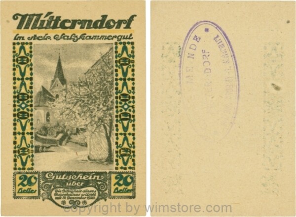Mitterndorf, G0621IIfc, 20 Heller, Wertzahl grün, ovaler Gemeindestempel mit 3 Zeilen; 1-