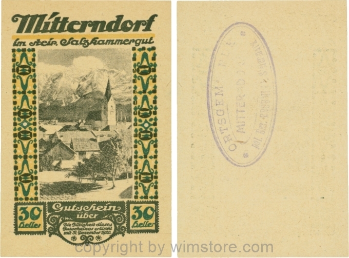 Mitterndorf, G0621IIfc, 30 Heller, Wertzahl grün, ovaler Gemeindestempel mit 3 Zeilen; 1