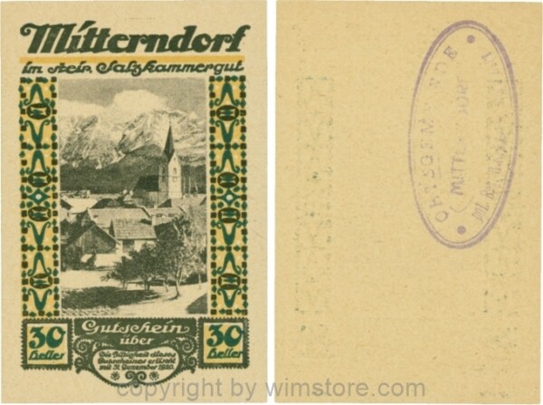 Mitterndorf, G0621IIfc, 30 Heller, Wertzahl grün, ovaler Gemeindestempel mit 3 Zeilen; 1-