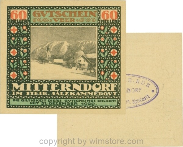 Mitterndorf, G0621IIfc, 60 Heller, Wertzahl ziegelrot, ovaler Gemeindestempel mit 3 Zeilen; 1-