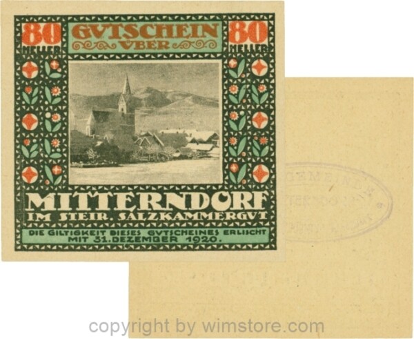 Mitterndorf, G0621IIfc, 80 Heller, Wertzahl ziegelrot, ovaler Gemeindestempel mit 3 Zeilen; 1