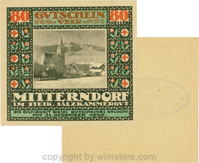 Mitterndorf, G0621IIfc, 80 Heller, Wertzahl ziegelrot, ovaler Gemeindestempel mit 3 Zeilen; 1