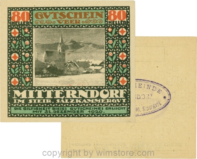 Mitterndorf, G0621IIfc, 80 Heller, Wertzahl ziegelrot, ovaler Gemeindestempel mit 3 Zeilen; 1-