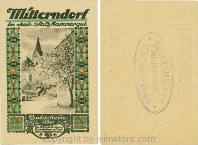 Mitterndorf, G0621IIfd, 20 Heller, Wertzahl hellbraun, ovaler Gemeindestempel mit 3 Zeilen; 1