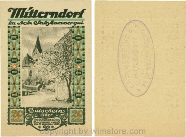 Mitterndorf, G0621IIfd, 20 Heller, Wertzahl hellbraun, ovaler Gemeindestempel mit 3 Zeilen; 1-