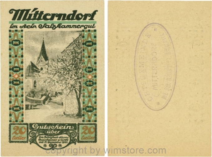 Mitterndorf, G0621IIfd, 20 Heller, Wertzahl hellbraun, ovaler Gemeindestempel mit 3 Zeilen; 1-
