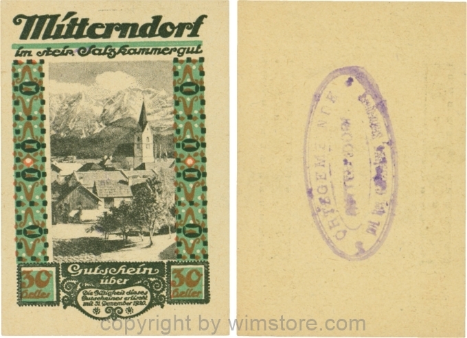 Mitterndorf, G0621IIfd, 30 Heller, Wertzahl hellbraun, ovaler Gemeindestempel mit 3 Zeilen; 1-