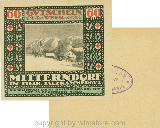 Mitterndorf, G0621IIfd, 60 Heller, Wertzahl kaminrot, ovaler Gemeindestempel mit 3 Zeilen; 1