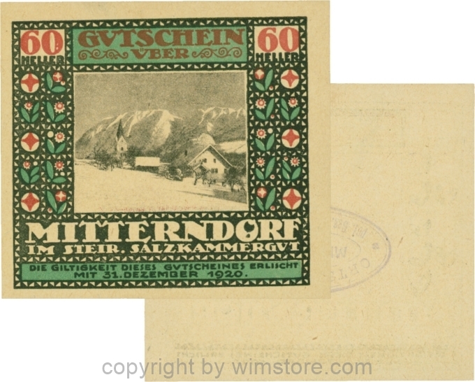 Mitterndorf, G0621IIfd, 60 Heller, Wertzahl kaminrot, ovaler Gemeindestempel mit 3 Zeilen; 1-