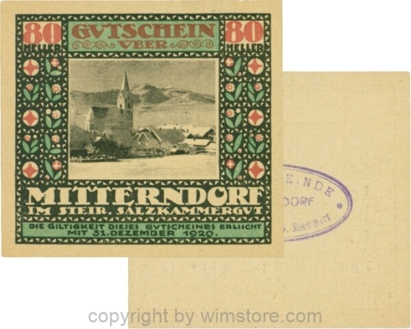 Mitterndorf, G0621IIfd, 80 Heller, Wertzahl kaminrot, ovaler Gemeindestempel mit 3 Zeilen; 1