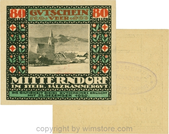 Mitterndorf, G0621IIfd, 80 Heller, Wertzahl kaminrot, ovaler Gemeindestempel mit 3 Zeilen; 1-