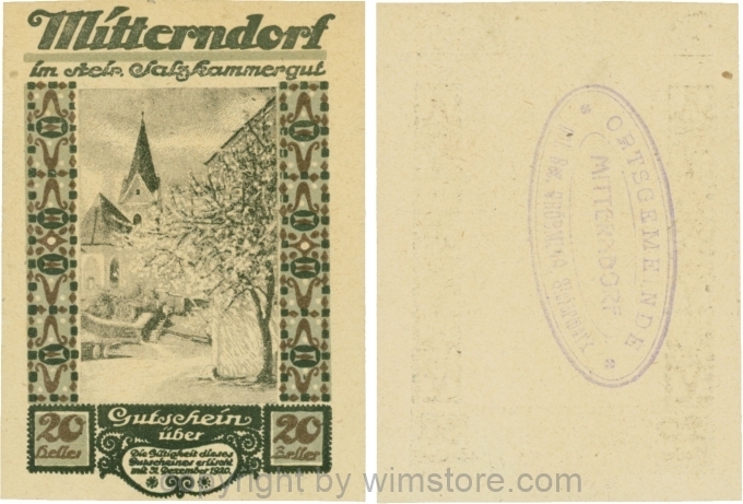 Mitterndorf, G0621IIfe, 20 Heller, Wertzahl dunkelbraun, ovaler Gemeindestempel mit 3 Zeilen; 1