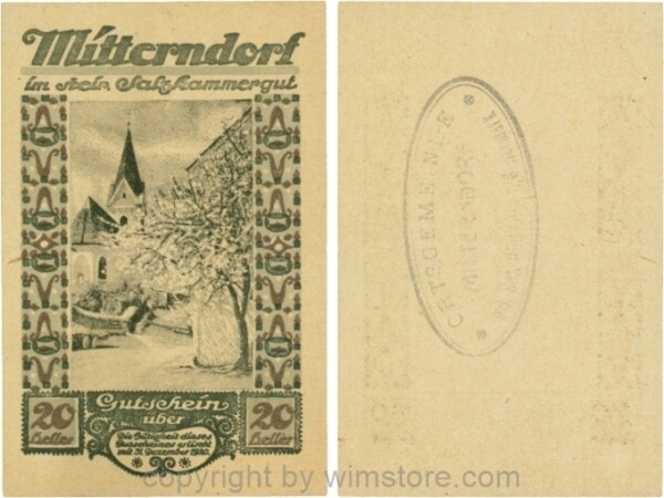 Mitterndorf, G0621IIfe, 20 Heller, Wertzahl dunkelbraun, ovaler Gemeindestempel mit 3 Zeilen; 1-