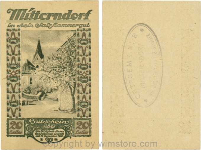 Mitterndorf, G0621IIfe, 20 Heller, Wertzahl dunkelbraun, ovaler Gemeindestempel mit 3 Zeilen; 1-