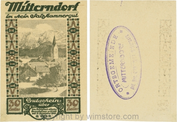 Mitterndorf, G0621IIfe, 30 Heller, Wertzahl dunkelbraun, ovaler Gemeindestempel mit 3 Zeilen; 1-