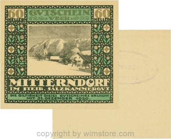 Mitterndorf, G0621IIfe, 60 Heller, Wertzahl grau, ovaler Gemeindestempel mit 3 Zeilen; 1