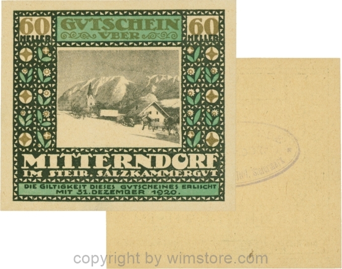 Mitterndorf, G0621IIfe, 60 Heller, Wertzahl grau, ovaler Gemeindestempel mit 3 Zeilen; 1-
