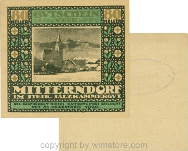 Mitterndorf, G0621IIfe, 80 Heller, Wertzahl grau, ovaler Gemeindestempel mit 3 Zeilen; 1-